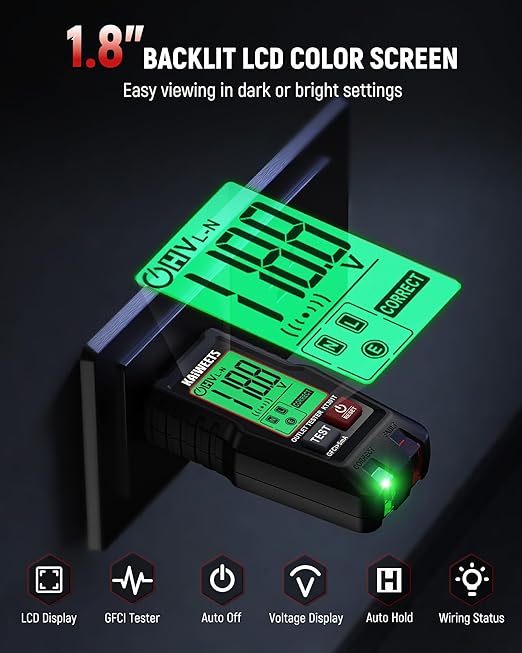 KAIWEETS GFCI Outlet Tester with LCD Display, 3-Prong Receptacle Wiring Detector, Voltage Socket Checker, Auto Hold, Electrical Diagnostic Tool for 120V AC Home Outlets