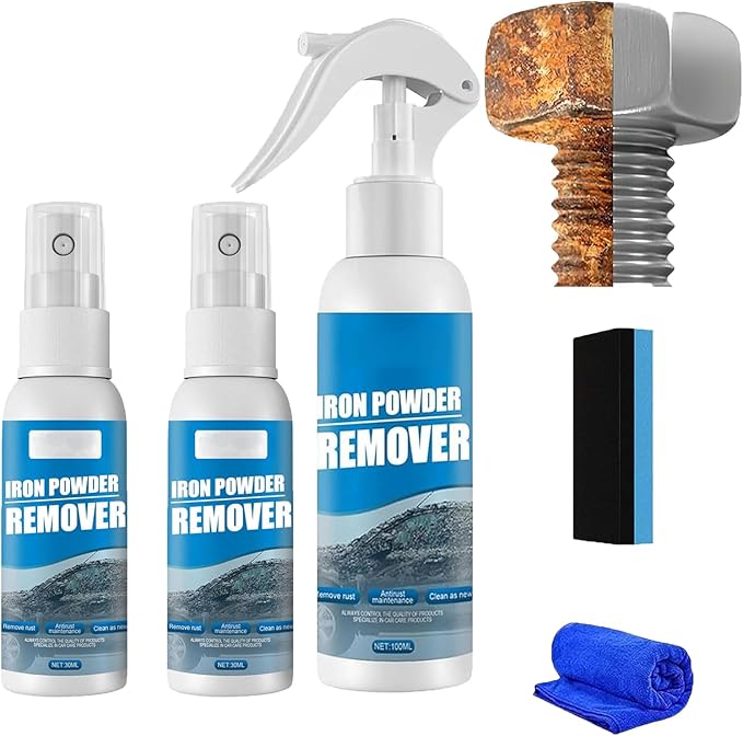 Iron Powder Remover Spray, Multi-Functional Quick-Acting Rust Removal Spray, Portable Rust Remover Sprays for Metal, Fast-Acting Formula & Easy Application for Vehicles, Tools (3pcs-2)