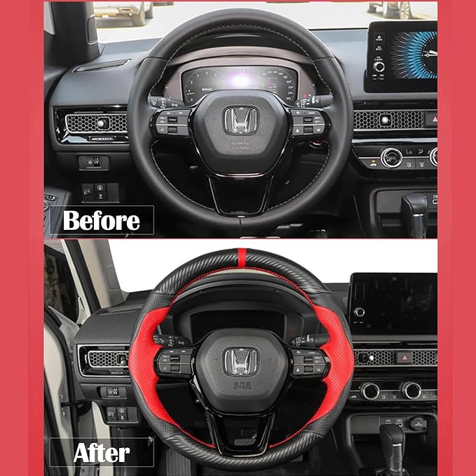 Hand-Stitched Steering Wheel Wrap for 11th Gen Honda Civic 2022 Interior Steering Wheel Protection Skin Cover Accessories (Red Perforated Leather+Matte Black Carbon Fiber)