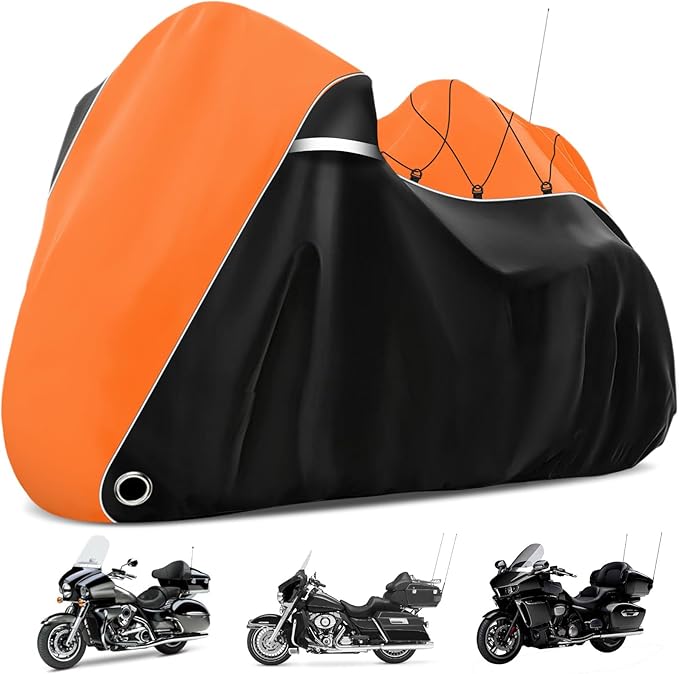 COVERVIN Motorcycle Cover with Side+Top Box Heavy Duty 420D Waterproof for Harley Davidson Ultra Ltd, Road Glide Ltd, Honda Gold Wing, Road Master, Indian, Indoor & Outdoor Storage (Black&Orange)