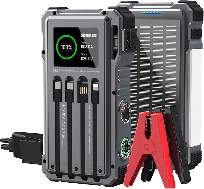Solar Jump Starter 44400 mWH, 45W Fast Charging with 4 Built-in Cables & Car Battery Jumper Starter Portable, 12V Battery Booster Pack with Smart Display,Gift for Men, Gray
