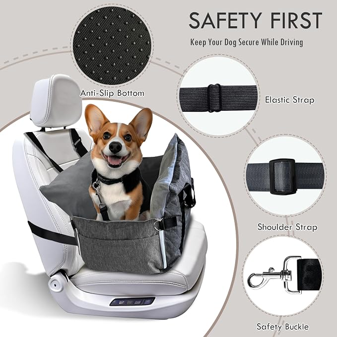 Dog Car Seat for Small/Medium Dogs Under 40 lbs - Elevated Pet Seat with Safety Belt, Non-Slip Base, and Storage Pockets for Car Travel Gray