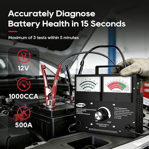 TOPDC Professional 500A Carbon Pile Battery Load Tester, Heavy-Duty 12V Automotive Battery & Alternator Tester for Cars, Trucks, SUVs, up to 1000 CCA