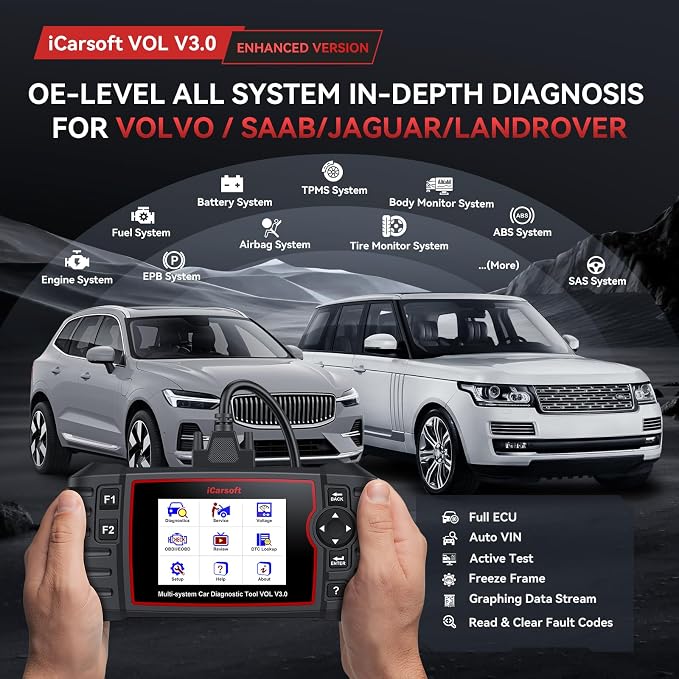 Bidirectional Diagnostic Tool for Land Rover/Volvo, iCarsoft VOL V3.0 (Enhanced Ver) All System Active Test 42 Resets for Land Rove, 39 Resets for Volvo, OBD2 Scanner Code Reader