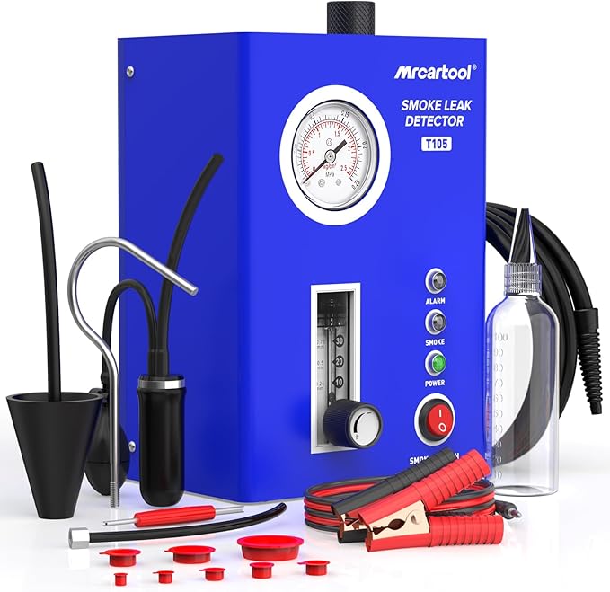 T105 Automotive Smoke Machine Leak Detector, Smoke Tester with Built-in Air Pump and Pressure Gauge, Vacuum Diagnostic Detector Tools Kit for 12V DC Cars