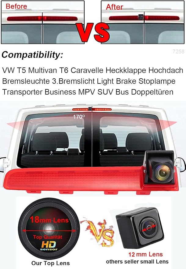 HD 1280x720 Pixels 1000 TV Line 3rd Brake Light Reversing Camera Brake lamp Parking Camera Replacement for Replacement for VW T5 T6 ab 2010 Caravelle Multivan Transporter Van+7" Reverse Monitor