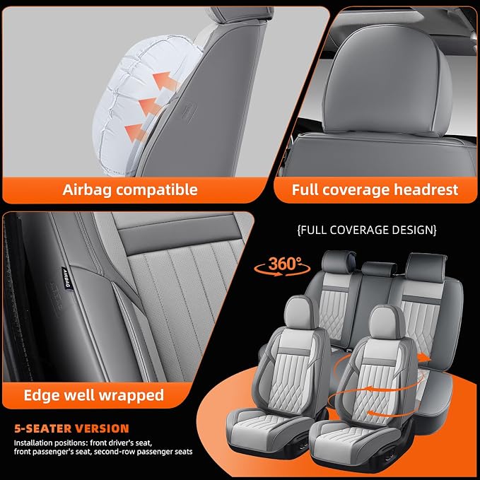 Universal 5-Seater Waterproof Breathable Nappa Leather Car Seat Covers Full Set, Compatible with Toyota Corolla Camry, Lexus LS400, Nissan Rogue, Fit Front Rear Seats Most Sedans SUV- Gray