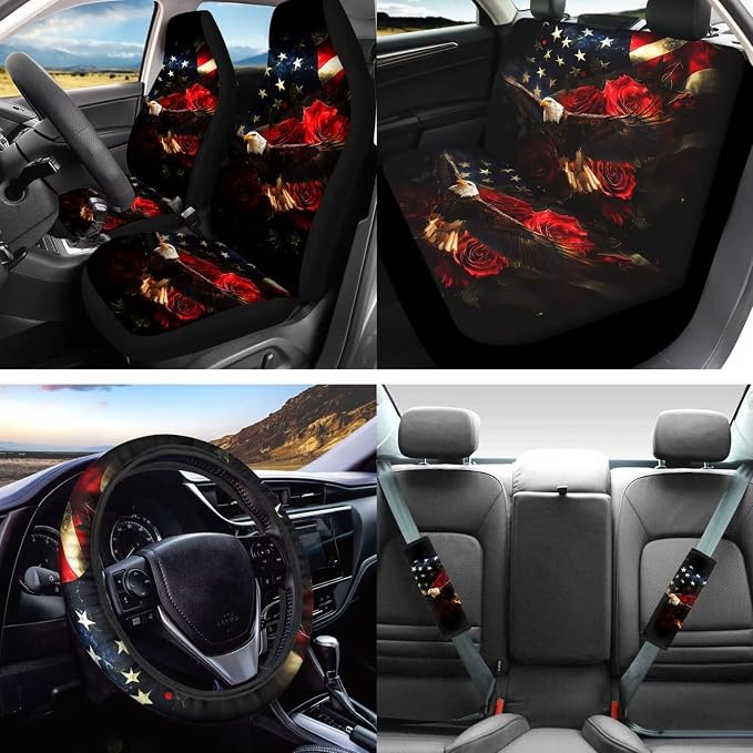 Lotusorchid Eagle Rose Print Car Accessories Full Set American Flag Print Car Front Back Seat Covers Safety Belt Pads Headrest Cover Armrest Pad Gear Shift Knob Protector Cup Holder Coaster