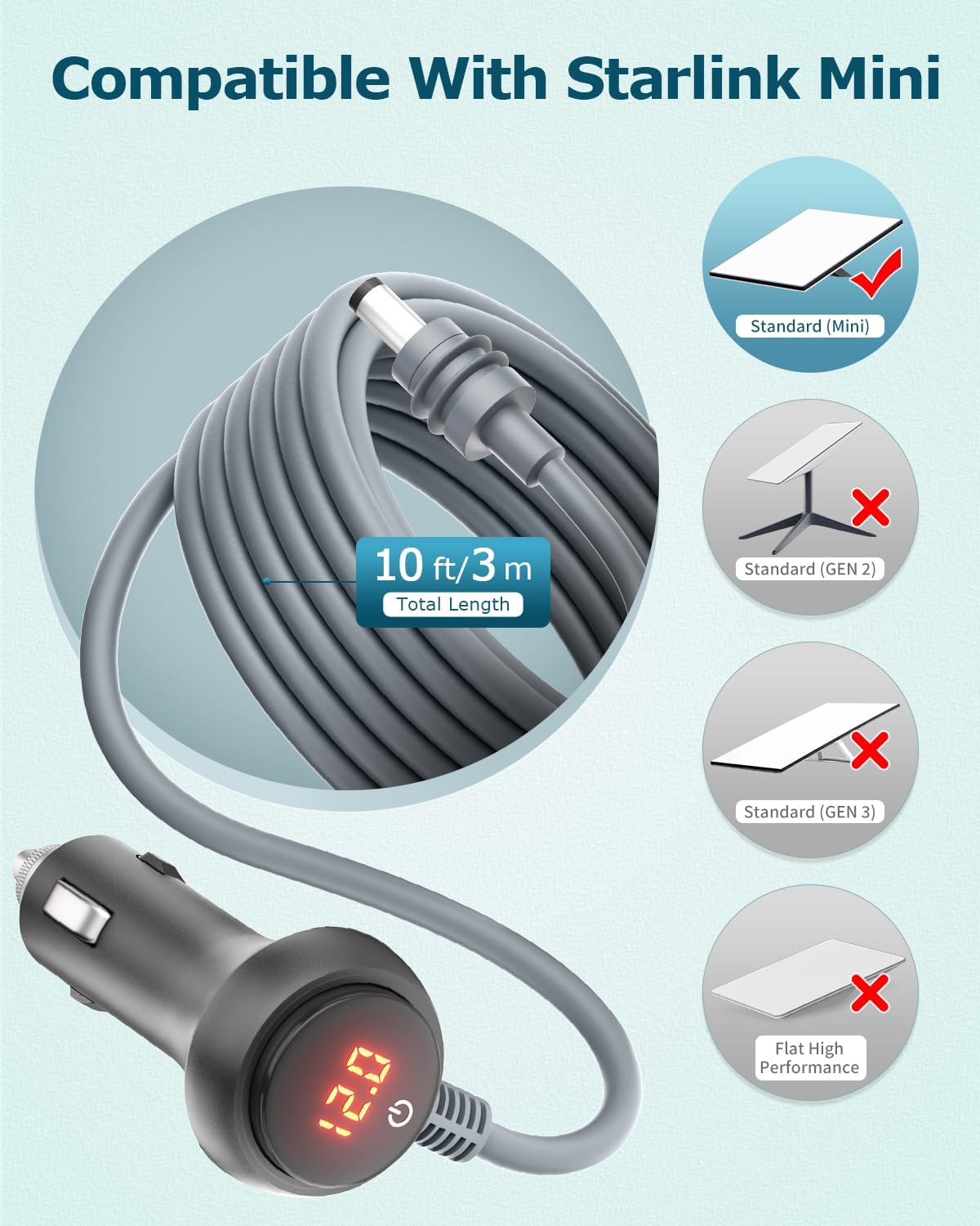Starlink Mini Cable 10FT Car Adapter for Starlink Mini 12V Adapter with Switch/Digital Display 12V-24V DC Power Cable Cigarette Lighter Car Charger Waterproof Accessories for RV Trucks Boat 18AWG 3M