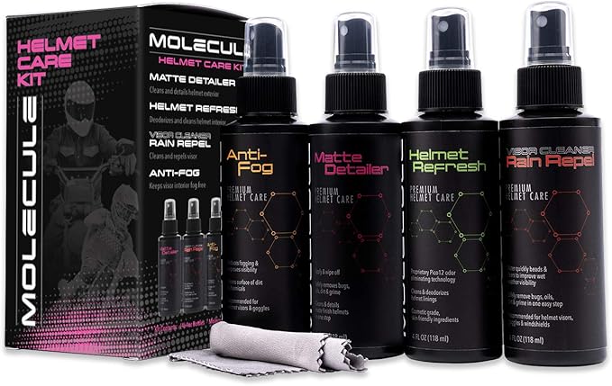Molecule Matte Helmet Care Kit | Premium Helmet Care | Includes Anti-Fog, Matte Detailer, Refresh, Rain Repel | Cleans and Details Matte Finish Helmets, Visors, and Goggles | 4 Ounce (1 Kit)