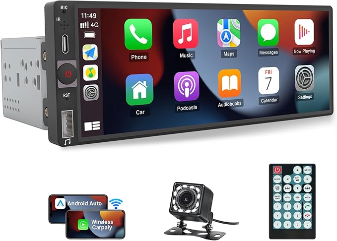 Naifay Single Din Car Stereo Wireless Apple Carplay Android Auto, 6.86 Inch Single Din Touchscreen Radio with Blueteeoth, Mirror Link, FM, EQ, SWC, Camera, Type-C Charging