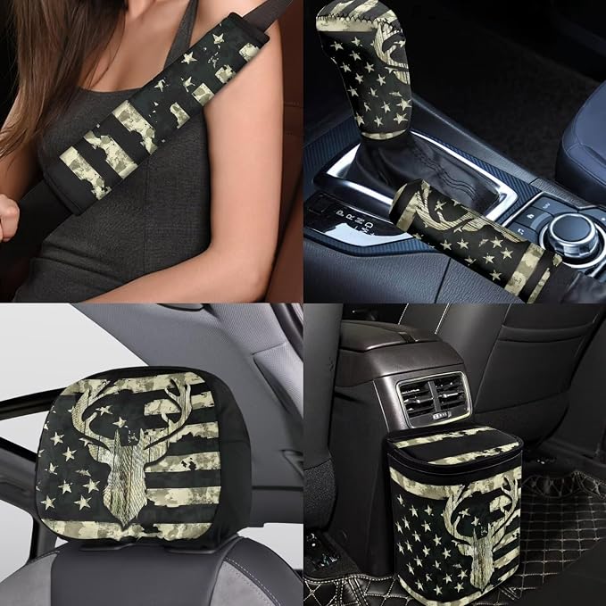BIGCARJOB American Flags Deer Car Front Rear Seat Covers Full Set for Men Auto Interior Accessories 15 Pack Car Headrest Cover,Car Trash Can,Car Seat Protector Set