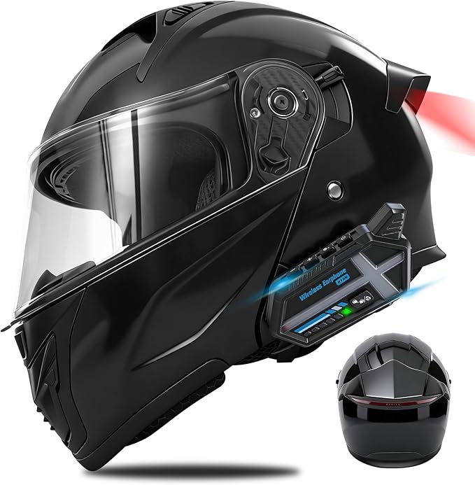 Bluetooth Modular Motorcycle Helmets with Tail Lights, DOT Approved Flip Up Full Face Motorcycle Dual Visor Helmet, with Dual Speakers and Microphone, for Adults Men and Women