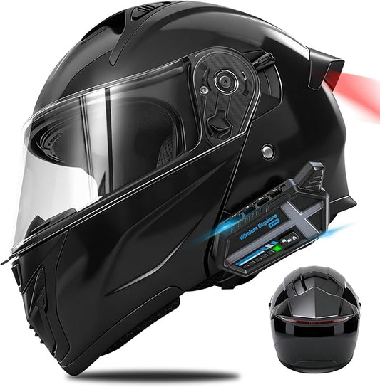 Bluetooth Modular Motorcycle Helmets with Tail Lights, DOT Approved Flip Up Full Face Motorcycle Dual Visor Helmet, with Dual Speakers and Microphone, for Adults Men and Women