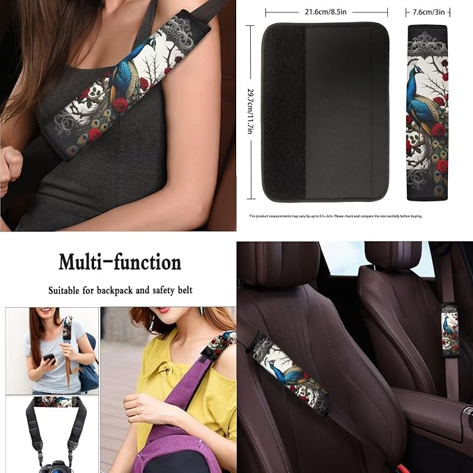 Peacock 13 Pcs Car Seat Covers Full Set, Gothic Rose Peacock Feather Auto Front and Rear Bench Seat Protector, Garden Flower Bird Steering Wheel Sleeve Auto Armrest Cover