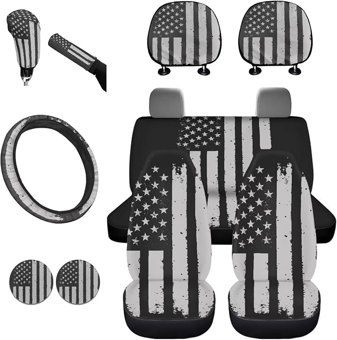 KEIAHUAN Patriotic American Flag Print Car Seat Covers with Steering Wheel, Gear Shift, Handbrake, Cup Holder, and Headrest Covers Auto Accessories Set Fit Most Van Sedan Truck SUV
