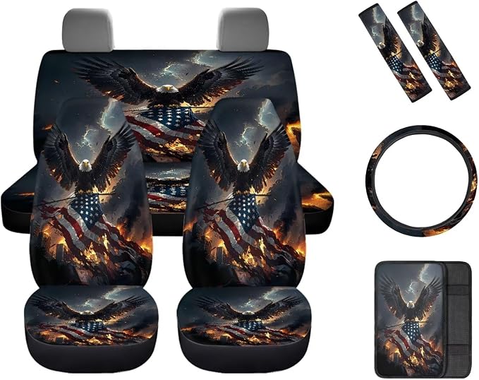 8 Pcs Eagle American Flag Design Car Accessories Set, Car Seat Covers Full Set with Auto Steering Wheel Cover Center Console Pad Seat Belt Covers, Patriotic Decorations