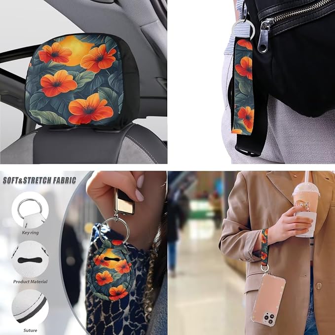 13 PCS Hawaii Hibiscus Flower Car Seat Covers, Orange Red Jasmine Flowers Car Steering Wheel Cover Cup Mats, Cineraria Floral Vehicle Keyring Headrest Cover Universal