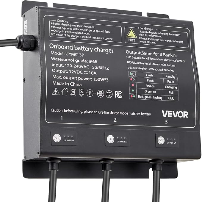 VEVOR Marine Battery Charger, 3-Bank 10A (10A/Bank) 12V Onboard Battery Charger, IP68 Waterproof Smart Charger for Lithium-Ion LiFePO4, NCM, Lead-Acid Batteries, Large Boats, Yacht, RV, Trailer