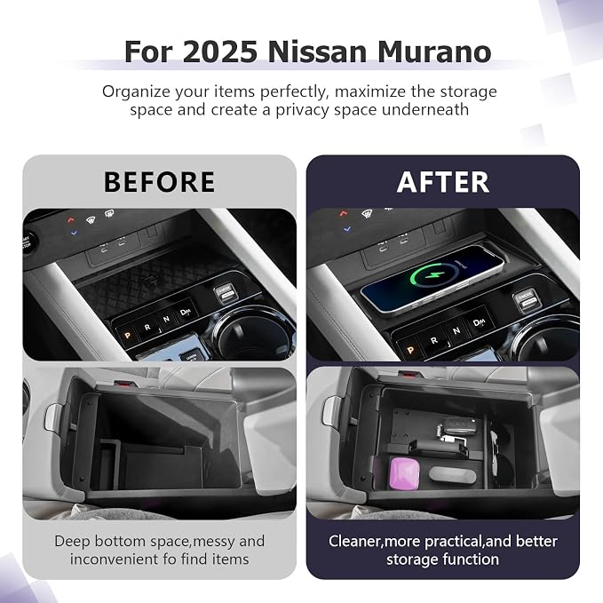LUWU Center Console Organizer for 2025 2026 Nissan Murano SL/SV/Platinum Accessories Armrest Storage Box, Center Console Wireless Charging Protective Mat Murano 2026 Accessories 2-Pack