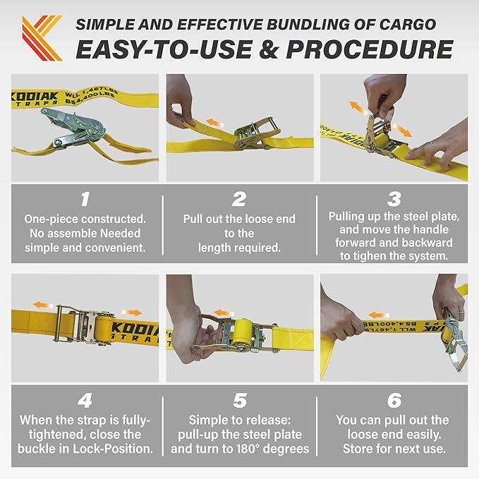 8 Pack E-Track Ratchet Straps 2" x 16' x 4,400 lbs Strength for Cargo Tie Down in Enclosed Trailer & Van by KODIAK STRAPS