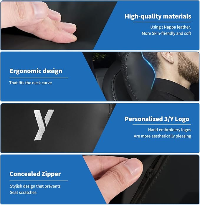 Nappa Leather Car Neck Pillow for Tesla Model Y Model 3 Juniper/Highland Headrest Pillow Memory Foam Ergonomic Design Breathable Height Adjustable Accessories (Black-1 pc-Y)