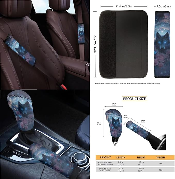 Universal Automotive Seat Covers & Accessories Full Set Wolf Rose Butterfly Print Car Front and Rear Seat Covers Steering Wheel Cover Armrest Cushion Safety Belt Pads Cup Cushions