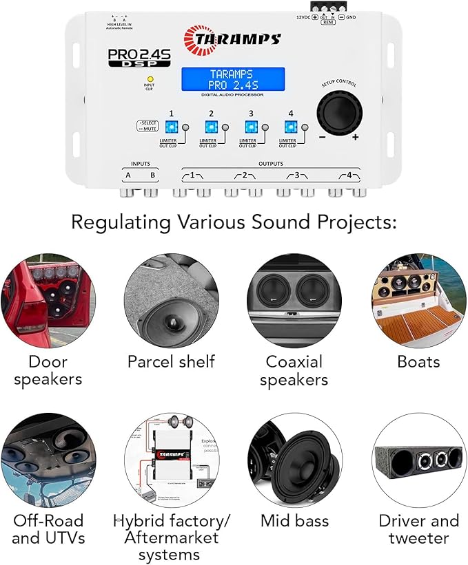 Taramps DSP Pro 2.4S White Crossover Full Digital Signal Car Audio Processor and Equalizer with Sequencer 15-Band Graphic Equalization 12 preset EQ, Remote Signal, Alignment, 2 Channel in and 4 Out