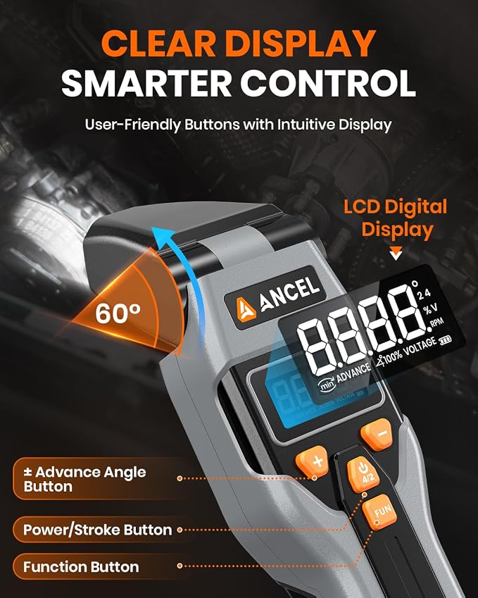 ANCEL LT70 Digital Timing Light Automotive with Tachometer (RPM), Advance, Dwell & Voltage Test, Self-Powered Inductive Ignition LED Timing Gun with Type-C Charging & 12V Backup for Gas Engines