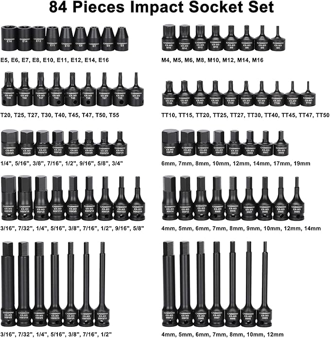 CASOMAN 84 Pieces 3/8" Dr. Master Hex & Torx Bit Impact Socket Set, CR-MO, SAE/Metric, Impact Grade, 3/8" Drive Allen Bit Socket Set