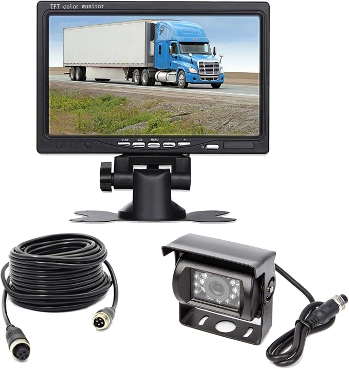 Vehicle Backup Camera 7" TFT Monitor,18 IR Night Vision Rear View Camera Without Gride Line IP 68 Waterproof, 4 Pins Aviation Extension Cable for 33FT Length RVs, Bus, Trailer,Truck