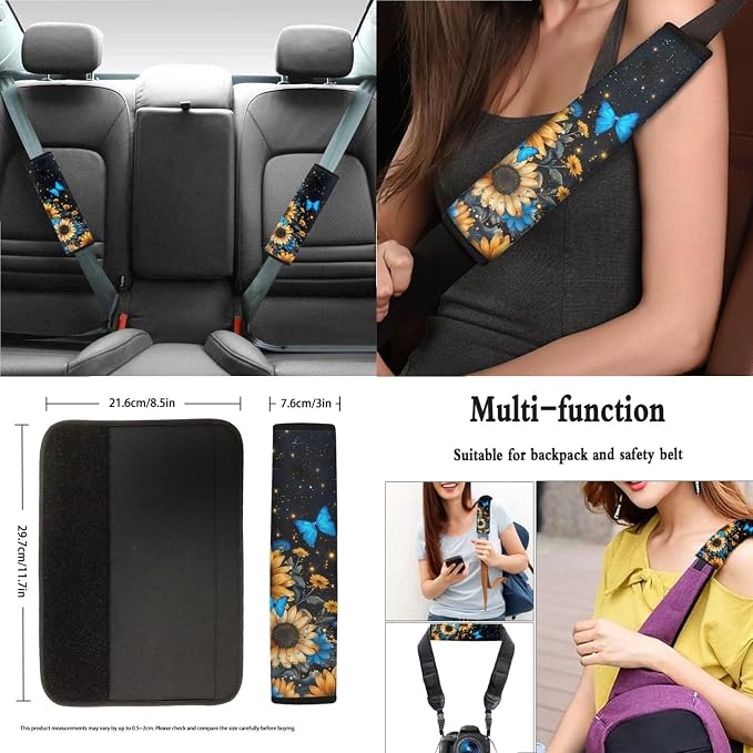 Sunflower Butterfly Daisy Print Car Seat Covers Full Set, Car Accessories Set of 13, Universal Fit Steering Wheel Cover + Safe Belts Cover + Coasters with Notch for Trucks SUV Van