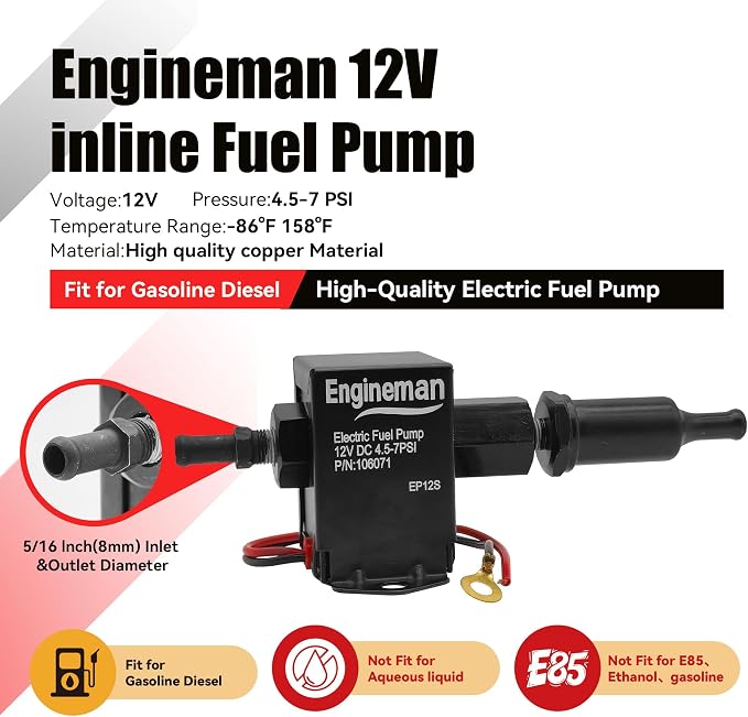 Universal Electric Fuel Pump Kit 12V 4.5-7psi Electric Fuel Pump with Mounting Bracket, Fuel Filters, Hose Clamps, 6.56 FT 5/16" ID Fuel Line
