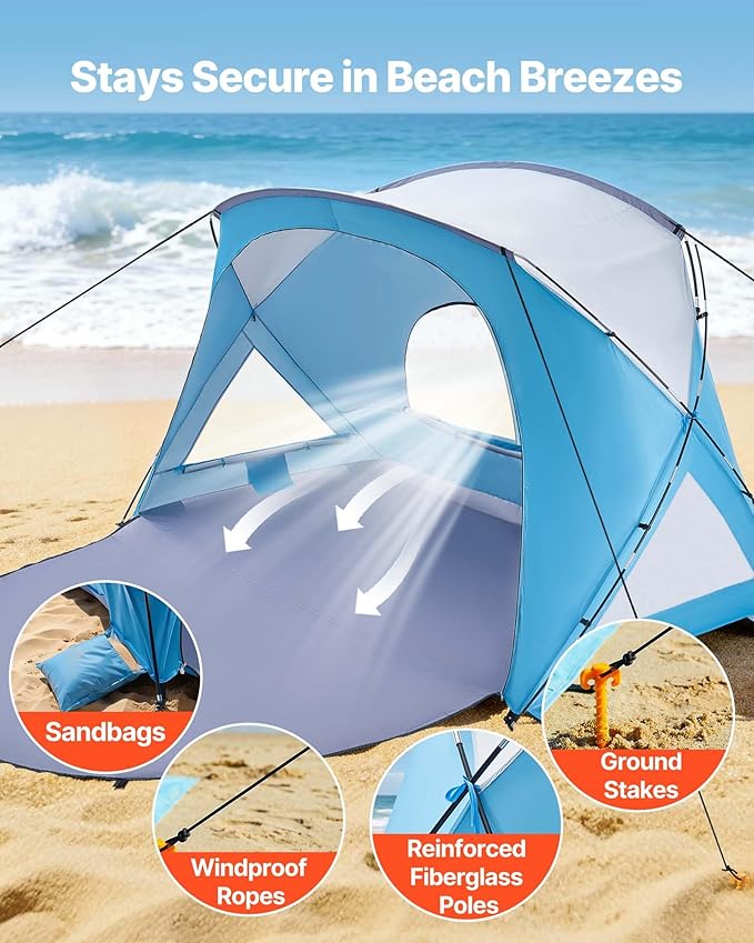 VEVOR Beach Tent Sun Shelter for 6 Person, UPF 50+, Portable Sun Shade Beach with Carrying Bag & Sand Pockets, Lightweight and Easy Setup Beach Umbrella for Family Camping Outdoor Picnic