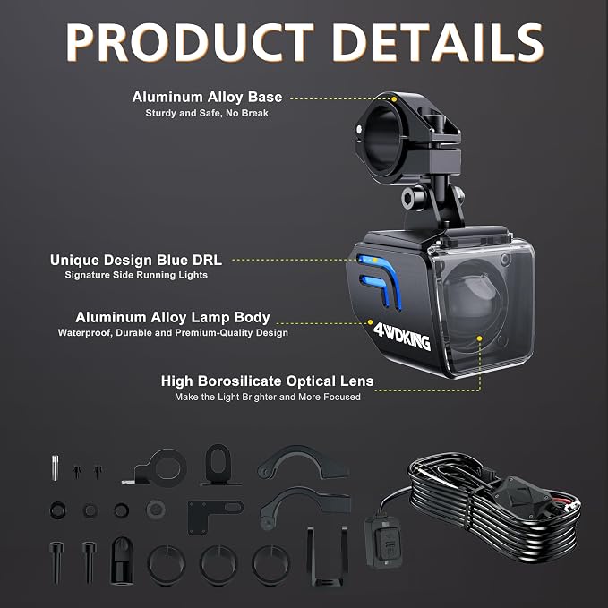4WDKING 2 Inch Motorcycle Fog Lights, Dual Color LED Pods with Blue Backlight, Offroad Auxiliary Driving Lights, 10000 Lumens Spot & Flood Beams, IP68 Waterproof for ATV UTV SUV Truck Boat, 2 Pack