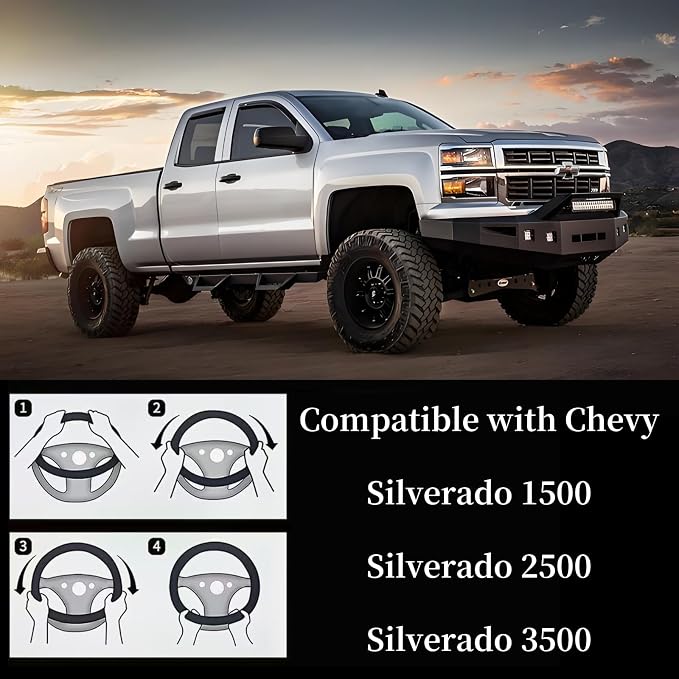Yangday Leather Steering Wheel Cover for Chevy Silverado 1500 2500 3500, 14.5-15 inches Car Steering Wheel Cover with Non-Slip Breathable (Blue)