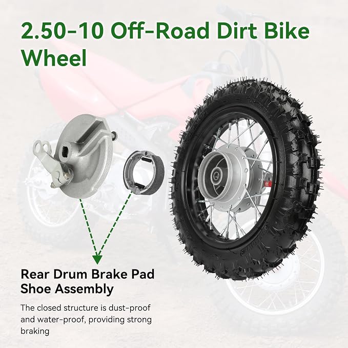 2.50-10 Dirt Bike Rear Wheel Drum Brake Assembly Compatible with CRF50 XR50 TTR50 SSR Taotao Apollo, 2.5-10 2.50x10 Tire & Rim for 50cc 70cc 90cc 110cc Pit Bike Off Road Motorcycle Parts