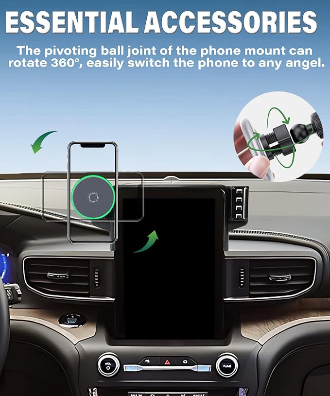 Car Phone Holder for Ford Explorer 2020 2021 2022 2023 2024 Accessories 15W MagSafe Fast Wireless Charger Cell Phone Mount Apply to 10.1 Inch Touch Screen Fixed Clip 360° Rotation