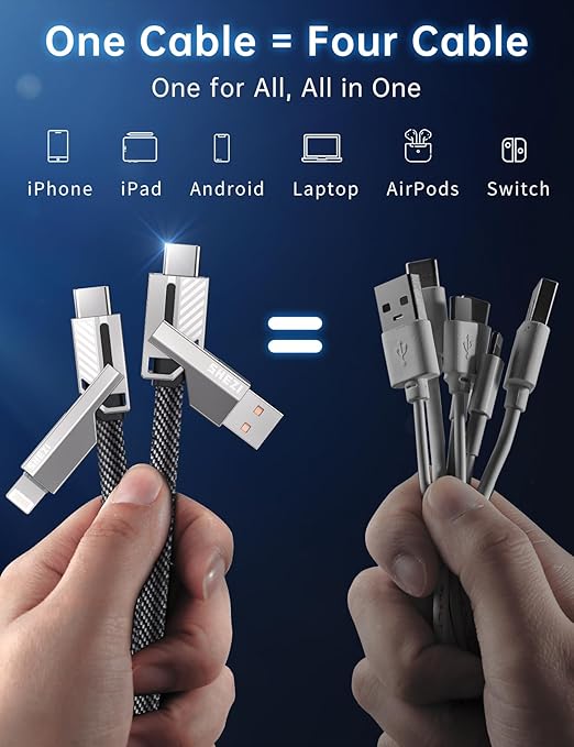 [One is Enough] 4-in-1 Compatible with USB C to Lightning Cable, 60W High-Speed Charging & Fast Data Transfer,CarPlay & Android Auto Support Multi Charger Cord Combo for iPhone/Samsung/iPad,10FT