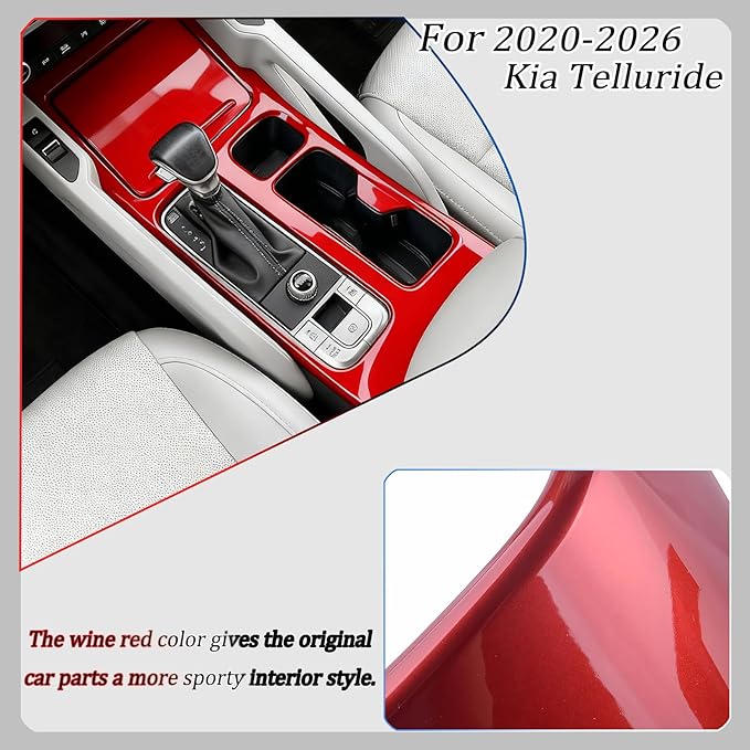 Center Console Frame Cover,for Kia Telluride 2020 2021 2022 2023 2024 2025 2026, Gear Shift Panel,Cup Holder Trim - Wine Red Protective Accessories