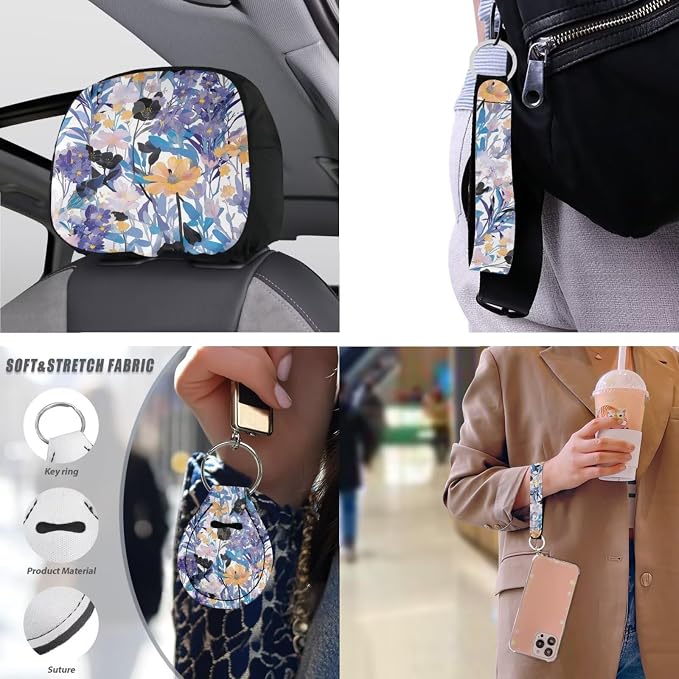 Watercolor Flower Leaf Car Seat Covers Set of 13, Countryside Flowers Field Steering Wheel Cover, Abstract Botanical Easy to Install Car Seat Cover Set