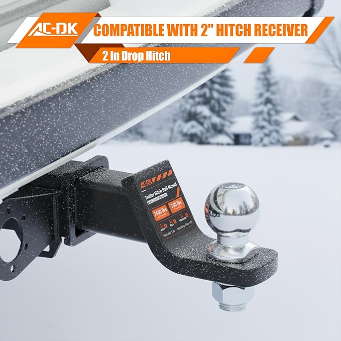 Trailer Hitch Ball Mount for 2 inch Receiver,2 inch Drop Hitch,with 2-Inch Ball,7,500 lbs Capacity Ball Hitch, 750lbs Tongue Weight,Includes Hitch Pin