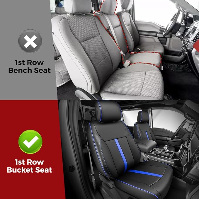 Faux Leather Front Seat Covers for Ford F150 2015–2025 2026 (XL, XLT, Not Regular Cab), Exact Fit 1st Row Bucket Seat Protectors,Truck Interior Accessories for F-150 Black/Blue