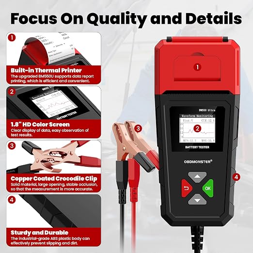 Car Battery Tester OBDMONSTER BM550U 6V/12V/24V 100-2000CCA Lead-Acid Battery Load Tester 1.8" HD Screen Automotive Digital Battery Voltage Tester with Built-in Printer