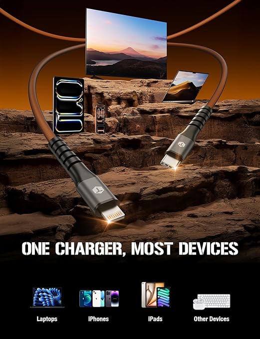 ToughTested USB C to Lightning Cable 8FT – MFi Certified iPhone Fast Charger Cord, P.E.T. ArmorWeave Braided, 3AMPS Fast Charging Compatible iPhone 14 13 12 11 Pro Max X XS XR 8 7 6 Plus and More