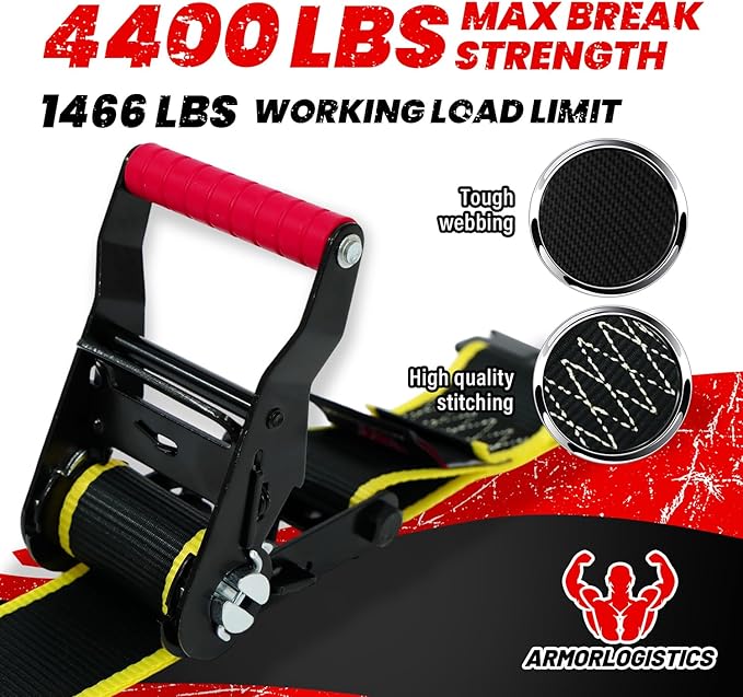 4Pack UTV Wheel Chock Tie-Down Kit, 2 in x 8 ft Heavy Duty Trailer Tire Straps, 4400lb Max Break Strength E Track System for ATV, UTV, SXS, Mower and More (Black)