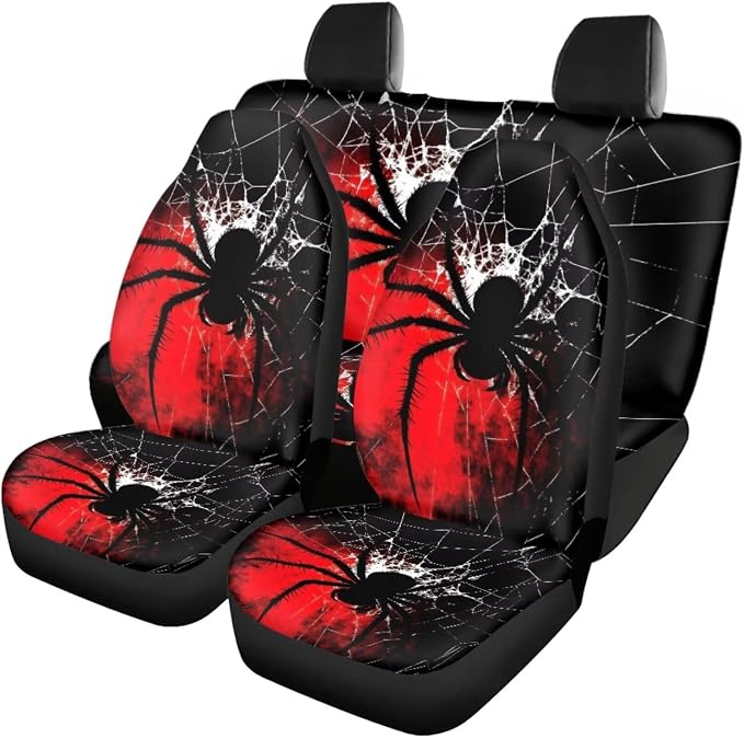 Gothic Spider 17 Pcs Car Accessories Seat Covers Full Set Steering Wheel Cover Floor Mats Center Console Pad Cup Holders Seat Belt Pads for Women Men Car Interior Decor