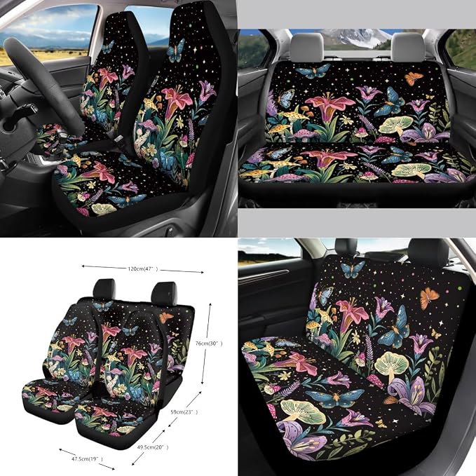 Galaxy Butterfly Floral Print Car Accessories Set of 15 Car Seat Covers Steering Wheel Cover Seatbelt Strap Pad Air Vent Storage Holder Trash Cans Rear View Mirror Cover Coasters Key Chain