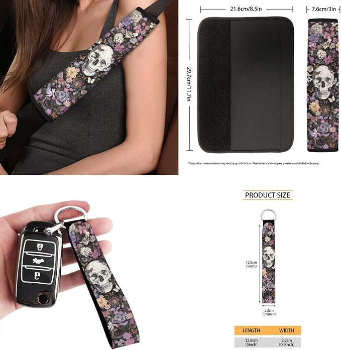 Skull Flower 15 PCS Car Seat Cover Full Set with Steering Wheel Cover Seat Belt Strap Pads Cup Coasters Trash Bag Rearview Mirror Cover Keychain Auto Interior Decor
