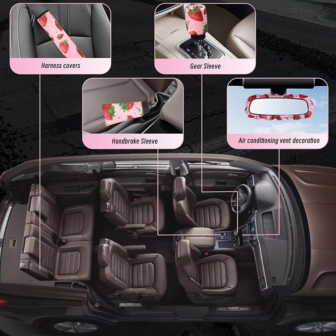 23 Pcs Leopard Print Car Accessories,Including License Plate Frame,Rearview Mirror Decoration,Etc,Suitable for Sedan,SUV and Other,Cute Car Interior Set for Women (Pink Strawberry)